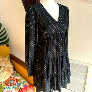 INA Black Long Sleeve Tired Skirt Babydoll Dress! Multi color Dots! Beautiful! S